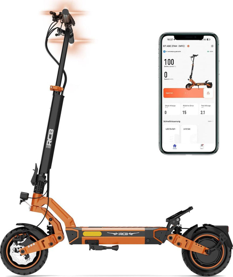 RCB D7 Ultra E-Scooter Orange mit ABE – 1600W Peak, 48V/20,8Ah, 100 km Reichweite, NFC, Blinker, App